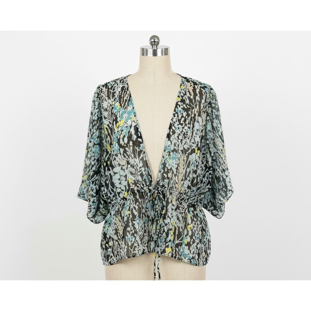 Lane Bryant Floral Sheer Chiffon Kimono Blouse Blue Black 22/24